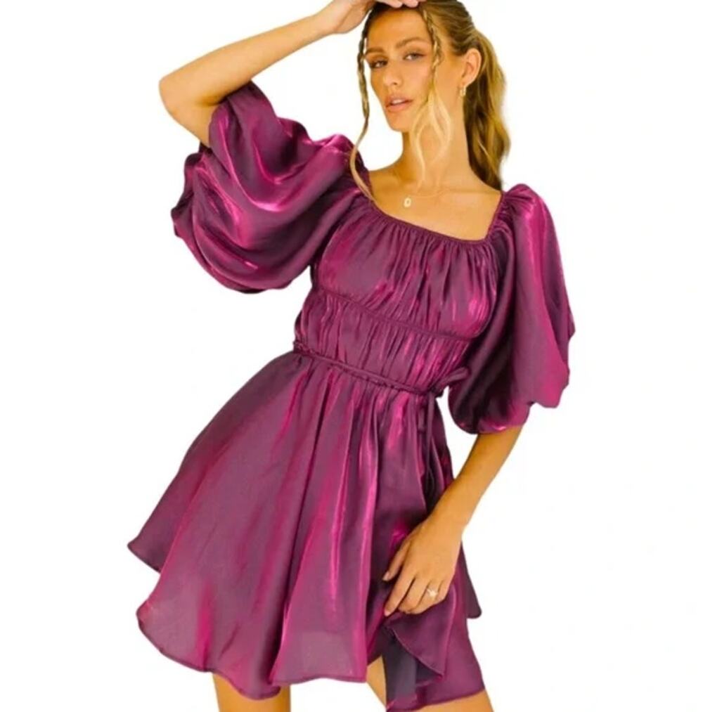 Altar’d State Shimmer Soleil Dress Square Neck Puff Sleeve Boho Babydoll Fairy